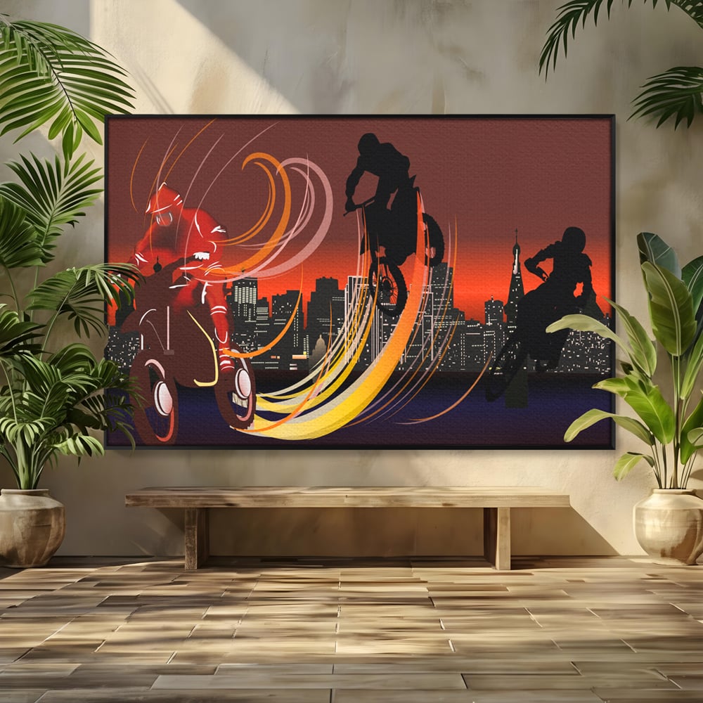 Tablou canvas cu ilustratie cu motociclisti si oras, in rama de aluminiu negru